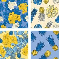 mooie hibiscus bloemen, bladeren, ananas naadloze patroon achtergrond set. tropische natuur inpakpapier of textiel ontwerpset. mooie print met handgetekende exotische planten. vector