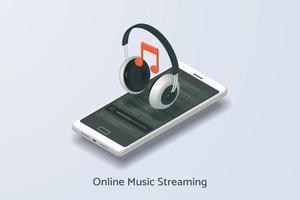 online muziekstreamingservice via smartphone met draadloze koptelefoon vector