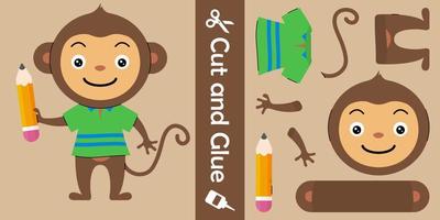 schattige aap met potlood. onderwijs papier spel voor kinderen. knip en lijm. vector illustratie