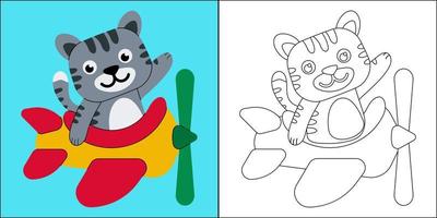 schattige kat die op een vliegtuig vliegt, geschikt voor de kleurplaat vectorillustratie van kinderen vector