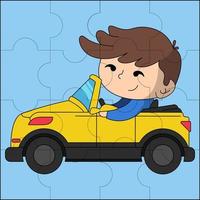 schattige jongen die een auto bestuurt die geschikt is voor kinderpuzzel vectorillustratie vector