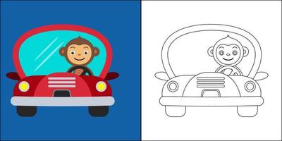 schattige aap die een auto bestuurt die geschikt is voor de kleurplaat vectorillustratie van kinderen vector