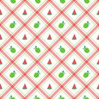 schattig watermeloen fruit element rood groen diagonaal streep gestreept lijn kantelen geruit plaid tartan buffel scott gingangpatroon plat cartoon vector naadloos patroon print achtergrond voedsel