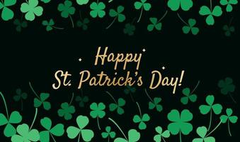 gelukkige st. patrick's day viering groet banner kaart vector illustratie sjabloon. op donkere achtergrond met groene klaverbladeren