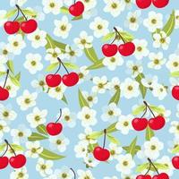 naadloos schattig zomerkersenpatroon met zomerbessen, fruit, bladeren, witte bloemenachtergrond. vector illustratie lente dekking, behang textuur, inwikkeling achtergrond, vintage verpakking.