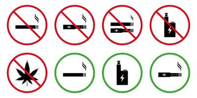 verboden rookgebied teken set. verbod zone rook cannabis drug vaping elektronische sigaret silhouet icoon. stop rookgebied verboden pictogram. roken groen teken toestaan. geïsoleerde vectorillustratie. vector