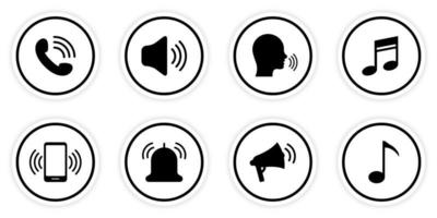 geluid luidspreker mobiele telefoon handset muzieknoot menselijke zwarte ronde knop silhouet icon set. volumepictogram voor oproepmeldingen. spreek zone gebied plat symbool. geïsoleerde vectorillustratie. vector