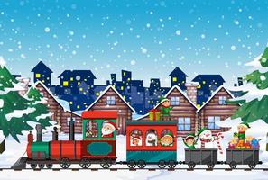 kerstman en elfjes rijden in de trein vector