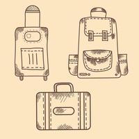 vectorhandtekening. vintage. pictogram, pictogram, bagage, rugzak met zakken, koffer, op wielen vector