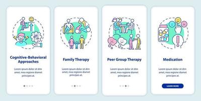 gedragsstoornis behandeling onboarding mobiele app-scherm. walkthrough 4 stappen grafische instructiepagina's met lineaire concepten. ui, ux, gui-sjabloon. vector