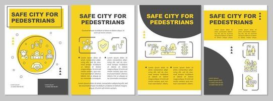 voetgangersveiligheid in gele brochuresjabloon in de stad. stadsplanning. folderontwerp met lineaire pictogrammen. 4 vectorlay-outs voor presentatie, jaarverslagen. vector