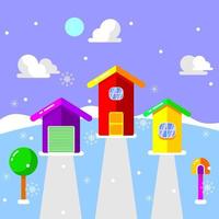 illustratie van kleurrijk huis in de winter. pictogram startpagina. paars, rood, geel. vlakke stijl vector