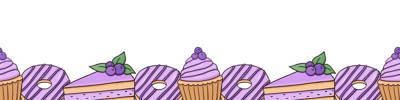 naadloze horizontale rand met geglazuurde donuts, bosbessen cupcakes en taarten met bessen. vector handgetekende illustratie van voettekst met desserts in kleur doodle stijl. perfect voor menu, decoraties.