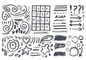 doodle vector lijnen en curves.hand getrokken check en pijlen tekenen. set van eenvoudige doodle lijnen, bochten, frames en vlekken. verzameling potloodeffecten. doodle grens. eenvoudige doodle-set.