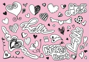 hand getrokken doodles instellen voor Valentijnsdag. verzameling van mooie harten en geschriften liefde op roze achtergrond. vectorillustratie. vector