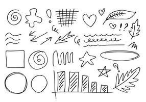 doodle vector lijnen en curves.hand getrokken check en pijlen tekenen. set van eenvoudige doodle lijnen, bochten, frames en vlekken. verzameling potloodeffecten. doodle grens. eenvoudige doodle-set.