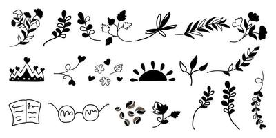 zwarte blad en bloem decoratieve elementen vector set ontworpen in doodle stijl voor kaarten, stoffenpatronen, digitaal printen, decoraties, veren, enz.