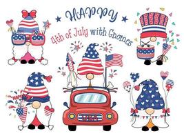 gelukkig 4 juli met kabouters ontworpen in doodle-stijl, rode, witte en blauwe tinten voor decoratie, stickers, kaarten, t-shirtontwerpen, tassen, stoffenpatronen, geschenken, plakboeken en meer. vector