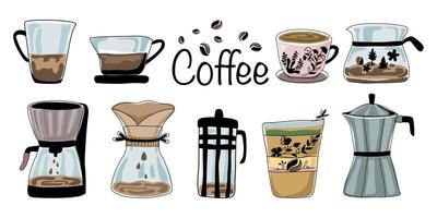 set vectorkoffie- en koffiemachines ontworpen in doodle-stijl voor t-shirtontwerp, coffeeshop, stoffenpatroon, koffiemenu, digitaal printen, decoratie, keuken, enz.
