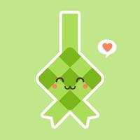 schattig en kawaii rijst knoedel of ketupat pictogram in platte ontwerp geïsoleerd op groene achtergrond. eid mubarak vectorillustratie. vector