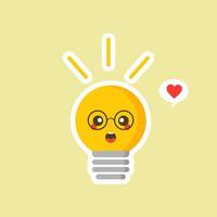 lamp platte ontwerp vectorillustratie. glanzende gele licht bulbon kleur achtergrond. emoji gloeilamp met grappige emotie. handgetekende vectorillustratie. creatief concept van idee