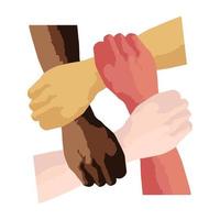 stop racisme icoon. motiverende poster tegen racisme en discriminatie. veel handafdruk van verschillende rassen bij elkaar. vector illustratie