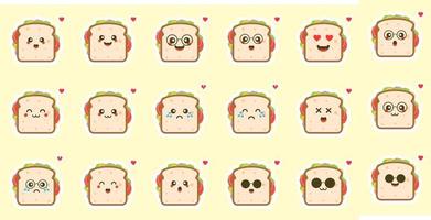 schattig en kawaii sandwich-tekenset, voedselkarakters met grappige gezichten en verschillende emoties vectorillustratie. kan gebruiken voor logo, ontbijt, maaltijdelement, restaurant, culinair, resto, bakkerij, vector
