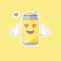 leuke en kawaii cartoon frisdrankblikjes. schattig mooi emoticon emoji gezicht, glimlach, gelukkig. koude cola en frisdrank. zoet maar veel calorieën. vector