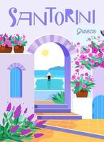 santorini-eiland, griekenland. prachtige traditionele witte architectuur en Grieks-orthodoxe kerken met blauwe koepels en bloemen. zwembad met een meisje reizen, vakantie. vector illustratie