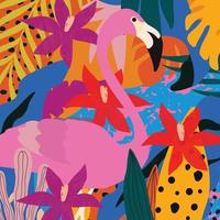 leuke en speelse moderne wildlife poster met flamingo close-up in bladeren en bloemen vectorillustratie. tropische kunstdruk, exotische natuurachtergrond vector