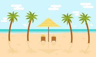 mensen op ligstoelen ontspannen aan zee op een verlaten strand tussen palmbomen. tekenfilm. vector illustratie
