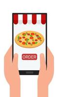 pizza bestellen via de mobiele app op telefoon of tablet. vlak. vector illustratie