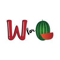 w voor watermeloen, w-brief en watermeloen vectorillustratie, alfabetontwerp voor kinderen vector