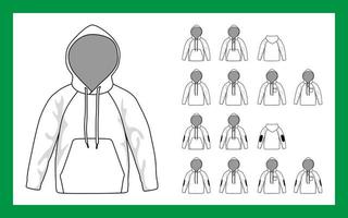vector afbeelding versies kinder sweatshirt met capuchon mouwen raglan manchetten zakken streep op ellebogen