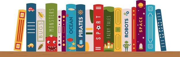 boekenplank met kinderboeken. literatuur voor jongens. het lezen van kinderen. kleurrijke boekenomslagen. banner voor school, bibliotheek, boekhandel, kermis, festival. vector