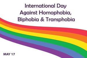 internationale dag tegen homofobie, bifobie en transfobie op 17 mei viering, bewustmaking van schendingen van lhbt-rechten. banner, wenskaartsjabloon met kleurrijk regenboog gestreept lint. vector