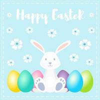 vrolijk pasen-banner met konijntje en kleurrijke eieren op de lenteachtergrond met bloem vector