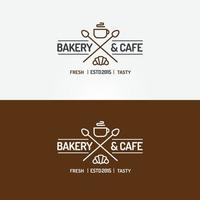 bakkerij en café logo set met croissant, kopje thee en lepels voor coffeeshop, cupcake firma vector