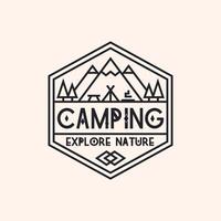 campinglogo bestaande uit bergen, kamp en bomenlijnstijl voor verkenningsembleem, wandelsticker vector