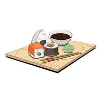 Japanse keuken, eten. voor restaurantmenu's en posters. levering sites platte vectorillustratie geïsoleerd op een witte achtergrond. sushi rolt onigiri sojasaus set. voorraad foto. vector