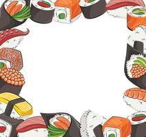 Japanse keuken, vast voedsel. voor restaurantmenu's en posters. levering sites platte vectorillustratie geïsoleerd op een witte frame achtergrond. sushi rolt onigiri sojasaus set. voorraad foto. vector
