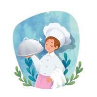 aquarel vrouwen chef-kok serveert haar koken vector