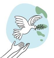 handen laten een vliegende duif met een tak los. vredesduif op een achtergrond van blauwe lucht. handgetekende lijnschets vector