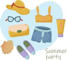zomer kleding set. strand accessoires. vectoritems en dingen voor vakantie en reizen, modieuze outfits en sets plannen vector