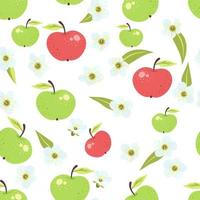 naadloos schattig rood en groen appelpatroon met fruit, bladeren, witte bloemenachtergrond. vector illustratie zomerdekking, wallpaper textuur, inwikkeling van achtergrond, vintage verpakking.