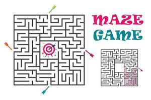 vierkant doolhof labyrint spel voor kinderen. logisch raadsel met doel en pijlen. 4 ingang en een goede manier om te gaan. platte vectorillustratie geïsoleerd op een witte achtergrond. vector