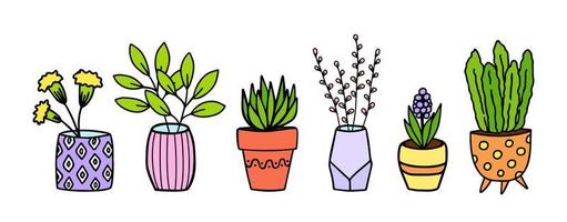 schattige ingemaakte bloemen doodle hand getrokken schets. decoratieve gekleurde planten in potten en vazen. vintage botanische illustratie. geïsoleerde vector