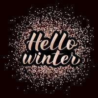 hallo winter kalligrafie belettering op rose goud gestructureerde achtergrond. 3D-hand belettering. winterfeest disco typografie poster. vectorillustratie. vector