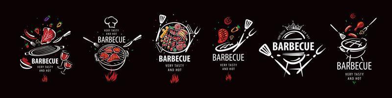 een reeks getekende vectorbarbecue-illustraties geïsoleerd op een zwarte achtergrond vector