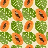 papaya en monstera blad zomer naadloos patroon vector